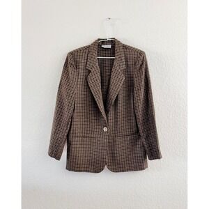 Alice Stuart Blazer Women Small Brown Plaid Vintage Textured Crest Button Jacket